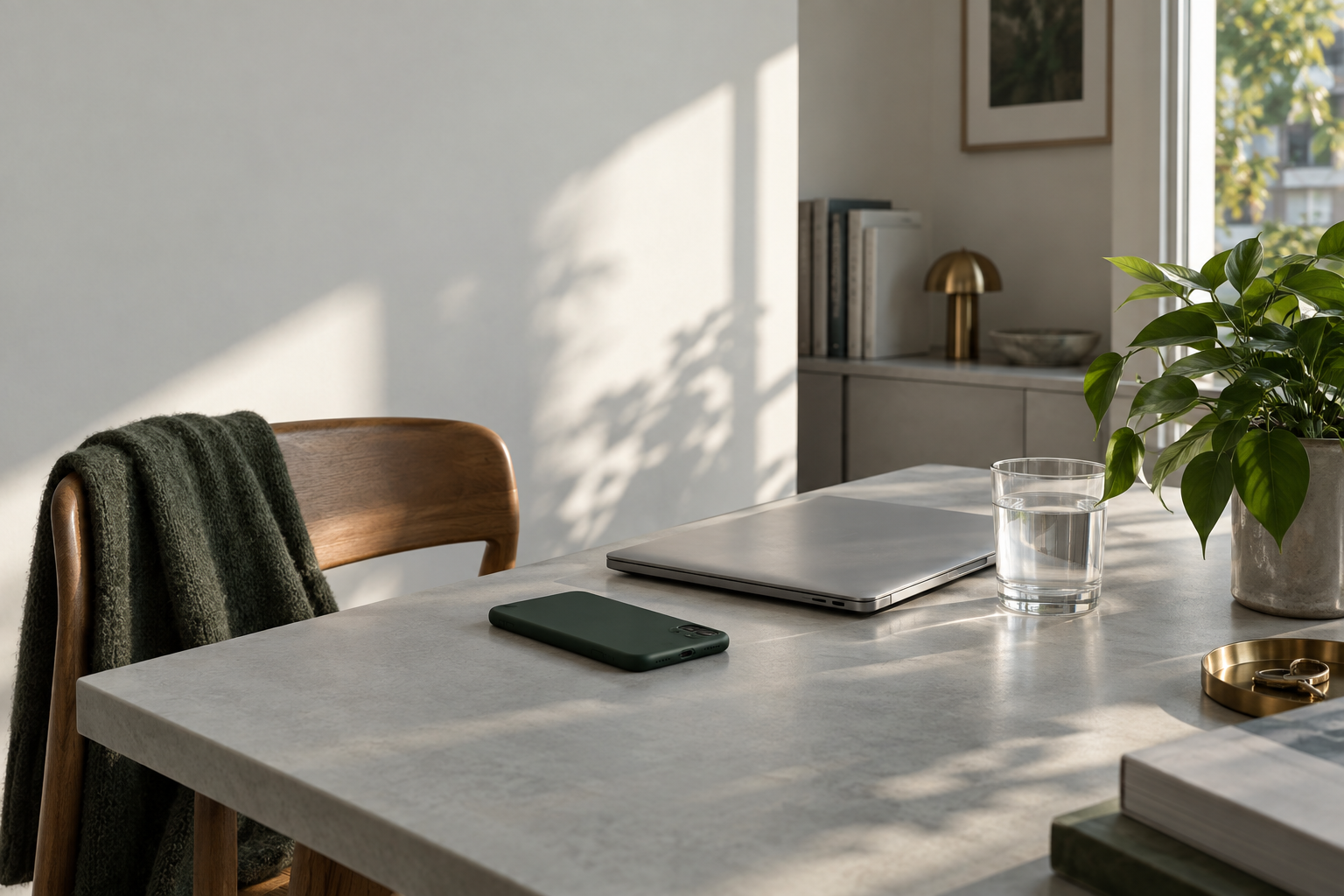 A closed laptop, phone placed face down, and a glass of water in afternoon light